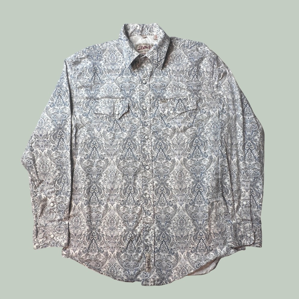 Rafter C Shirt Men L ProFlex 45 Western Pearl Snap Paisley Blue Grey Button Down